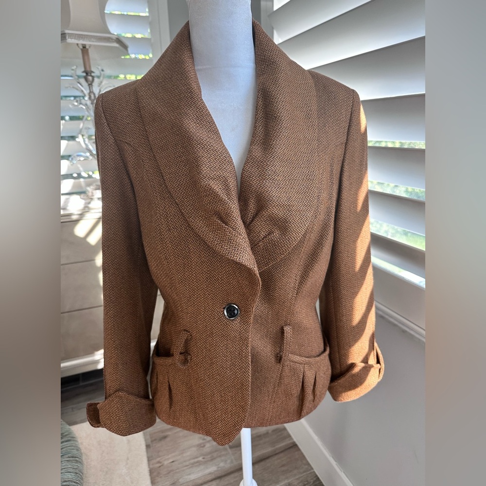 SALE CARA LOTTI Paris Chevron design brown wool jacket E44 Long sleeve cuffed